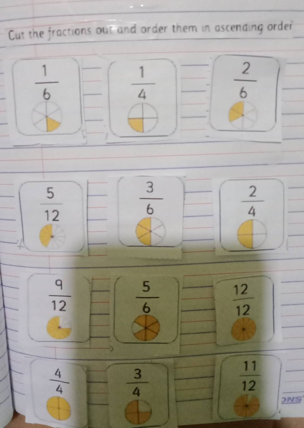 Cut the fractions out and order them in ascending order_ 
_ 
_  1/6 
_ 
_
 1/4  __ 
_  2/6 
_ 
_ 
_ 
_ 
_ 
_ 
_ 
_ 
_ 
_ 
_ 
_
 5/12 
 3/6 
 2/4 
_ 
_ 
_ 
_ 
_ 
_ 
_ 
_
 9/12 
 5/6  __ 
_  12/12 
_ 
_ 
_ 
_ 
_ 
_ 
_
 4/4 
 3/4 
_  11/12 
_ 
_ 
_ 
ONS