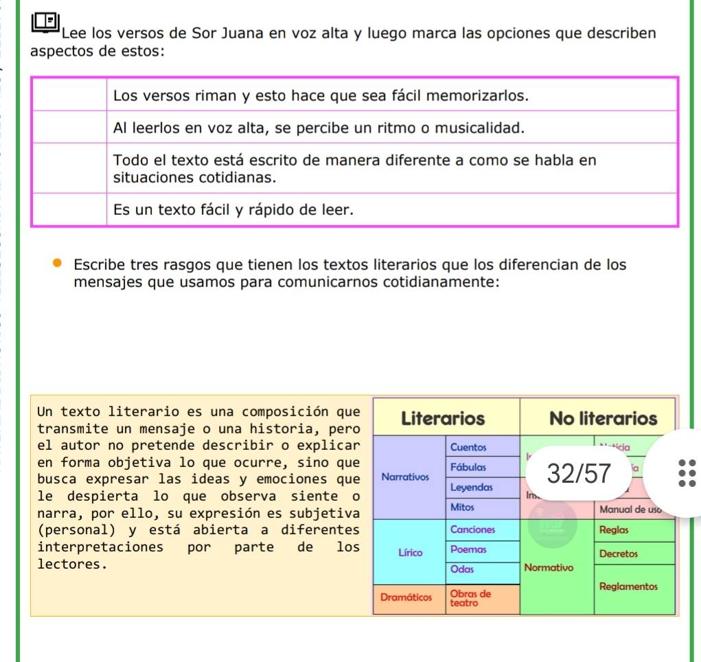 Lee los versos de Sor Juana en voz alta y luego marca las opciones que describen 
aspectos de estos: 
Escribe tres rasgos que tienen los textos literarios que los diferencian de los 
mensajes que usamos para comunicarnos cotidianamente: 
Un texto literario es una composición qu 
transmite un mensaje o una historia, per 
el autor no pretende describir o explica 
en forma objetiva lo que ocurre, sino qu 
busca expresar las ideas y emociones qu 
le despierta lo que observa siente 
narra, por ello, su expresión es subjetiv 
(personal) y está abierta a diferente 
interpretaciones por parte de lo 
lectores.