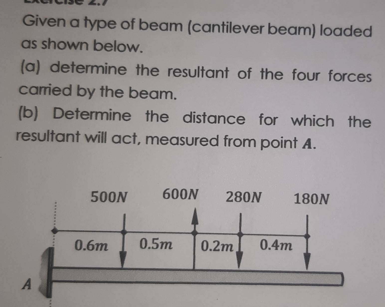 Given a type of beam (cantilever beam) loaded 
as shown below. 
(a) determine the resultant of the four forces 
carried by the beam. 
(b) Determine the distance for which the 
resultant will act, measured from point A.
600N
500N 280N 180N
0.6m 0.5m 0.2m 0.4m
A