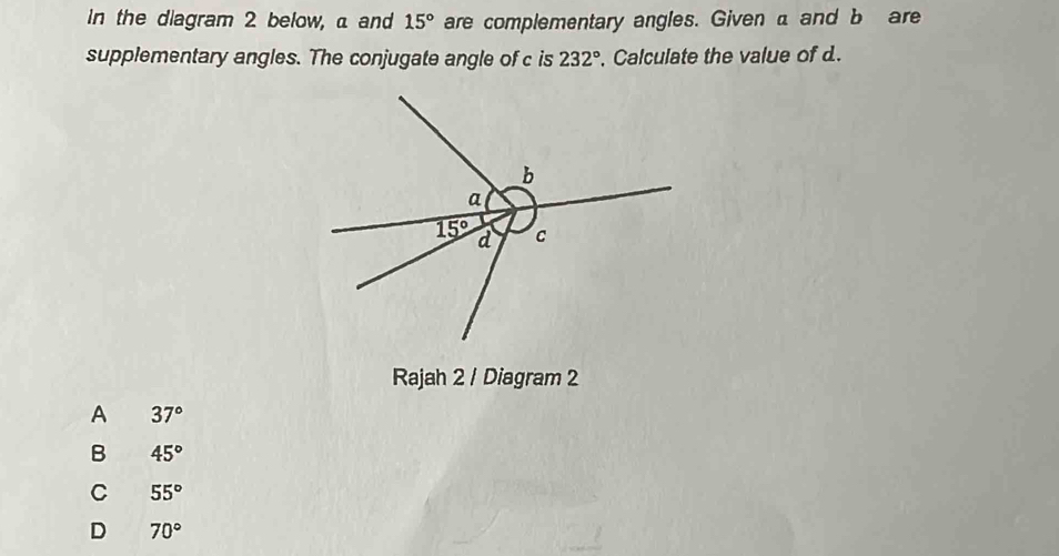 In the diagram 2 below, a and 15° are complementary angles. Given a and b are
supplementary angles. The conjugate angle of c is 232°. Calculate the value of d.
Rajah 2 / Diagram 2
A 37°
B 45°
C 55°
D 70°