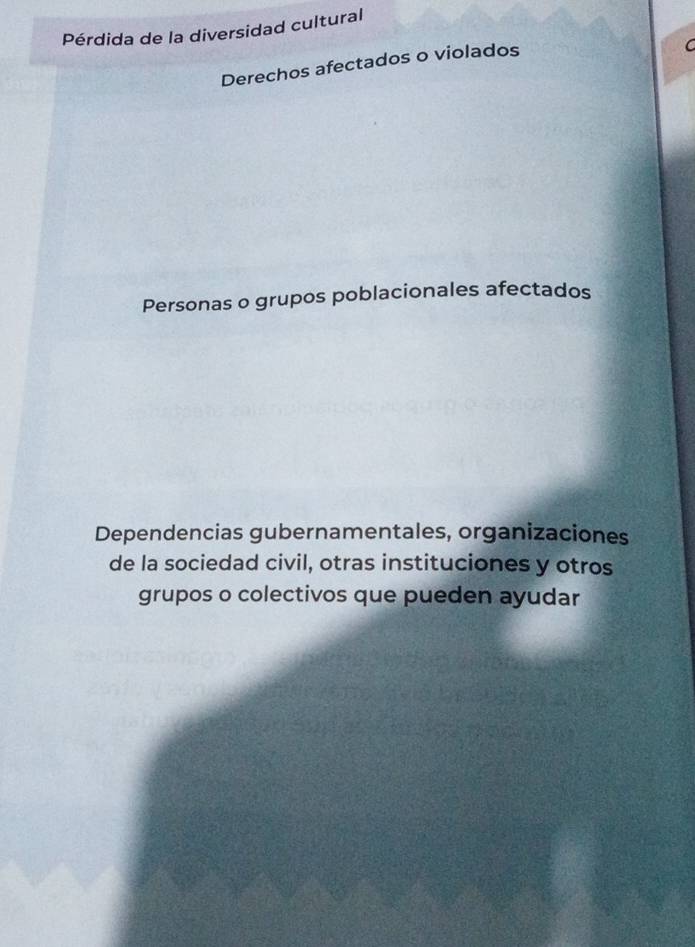 Pérdida de la diversidad cultural
Derechos afectados o violados
C
Personas o grupos poblacionales afectados
Dependencias gubernamentales, organizaciones
de la sociedad civil, otras instituciones y otros
grupos o colectivos que pueden ayudar