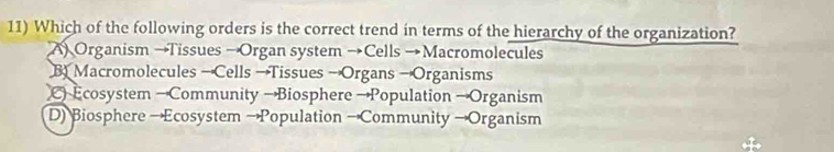 Which of the following orders is the correct trend in terms of the hierarchy of the organization?
A) Organism →Tissues →Organ system →Cells →Macromolecules
B Macromolecules —Cells →Tissues — Organs —Organisms
Ecosystem —Community →Biosphere →Population →Organism
D) Biosphere →Ecosystem →Population →Community →Organism