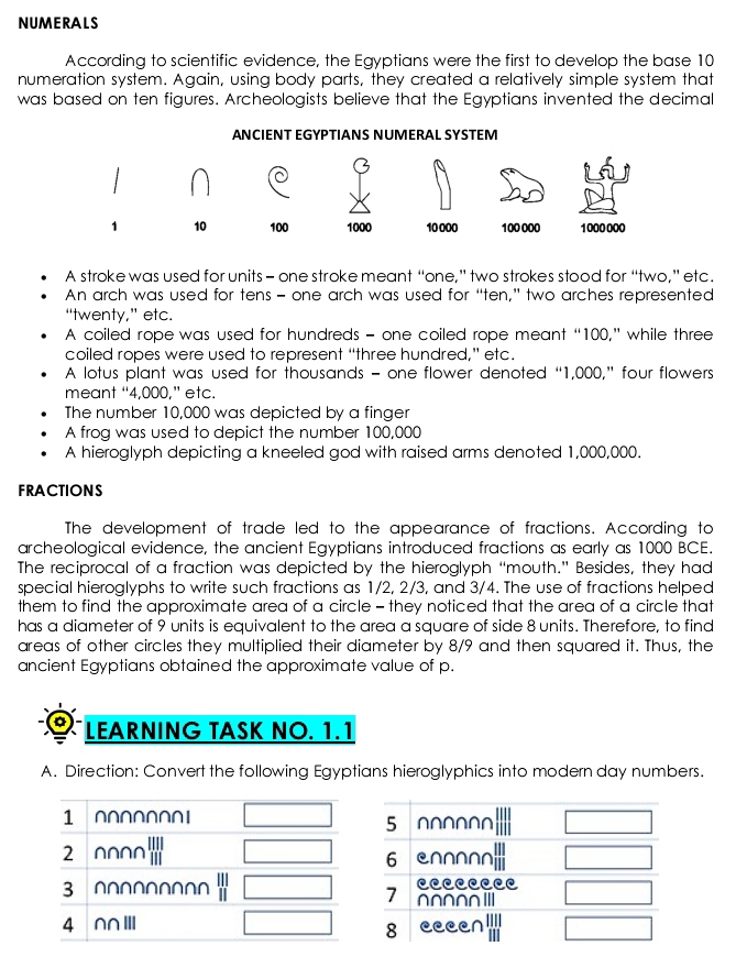NUMERALS
According to scientific evidence, the Egyptians were the first to develop the base 10
numeration system. Again, using body parts, they created a relatively simple system that
was based on ten figures. Archeologists believe that the Egyptians invented the decimal
ANCIENT EGYPTIANS NUMERAL SYSTEM
A stroke was used for units - one stroke meant “one,” two strokes stood for “two,” etc.
An arch was used for tens - one arch was used for “ten,” two arches represented
“twenty,” etc.
A coiled rope was used for hundreds - one coiled rope meant “100,” while three
coiled ropes were used to represent “three hundred,” etc.
A lotus plant was used for thousands - one flower denoted “1,000,” four flowers
meant “4,000,” etc.
The number 10,000 was depicted by a finger
A frog was used to depict the number 100,000
A hieroglyph depicting a kneeled god with raised arms denoted 1,000,000.
FRACTIONS
The development of trade led to the appearance of fractions. According to
archeological evidence, the ancient Egyptians introduced fractions as early as 1000 BCE.
The reciprocal of a fraction was depicted by the hieroglyph “mouth.” Besides, they had
special hieroglyphs to write such fractions as 1/2, 2/3, and 3/4. The use of fractions helped
them to find the approximate area of a circle - they noticed that the area of a circle that
has a diameter of 9 units is equivalent to the area a square of side 8 units. Therefore, to find
areas of other circles they multiplied their diameter by 8/9 and then squared it. Thus, the
ancient Egyptians obtained the approximate value of p.
LEARNING TASK NO. 1.1
A. Direction: Convert the following Egyptians hieroglyphics into modern day numbers.