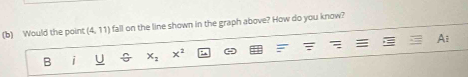 Would the point (4,11) fall on the line shown in the graph above? How do you know? 
B i U X_2 X^2 A: