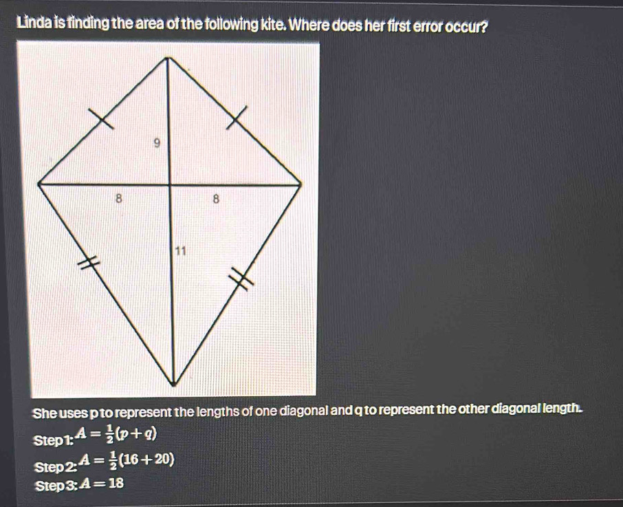 Solved: Linda is finding the area of the following kite. Where does her ...