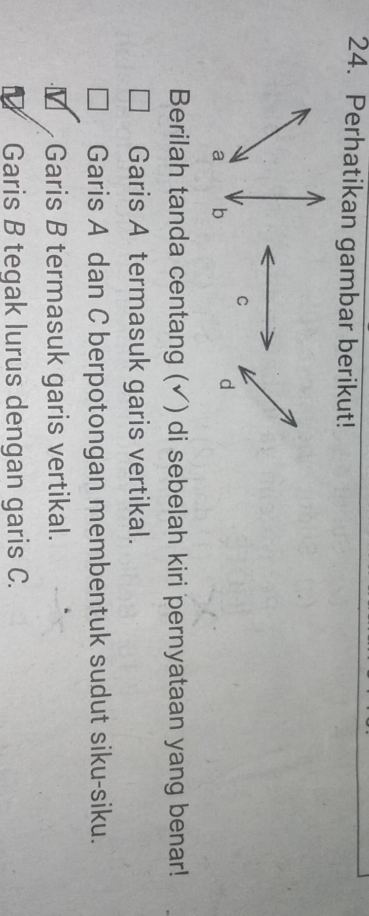 Perhatikan gambar berikut!
Berilah tanda centang (✓) di sebelah kiri pernyataan yang benar!
Garis A termasuk garis vertikal.
Garis A dan C berpotongan membentuk sudut siku-siku.
I Garis B termasuk garis vertikal.
Garis B tegak lurus dengan garis C.