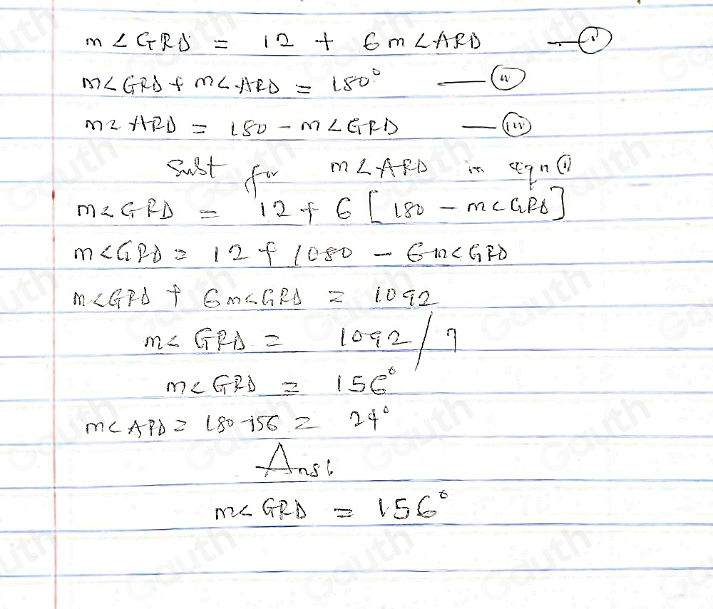 Solved: ∠ GRA is a straight angle and m∠ GRD is twelve more than six ...