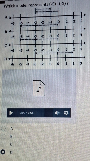 Which model represents (-3)-(-2) ?
-6
0:00 / 0:06
A
B
C
D