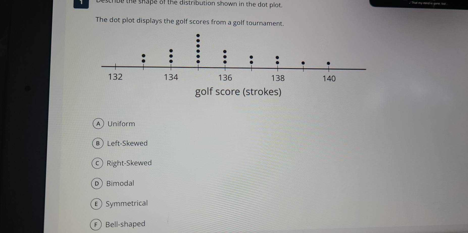 Describe the shape of the distribution shown in the dot plot.
" That my mind is gone, but.
The dot plot displays the golf scores from a golf tournament.
golf score (strokes)
A) Uniform
BLeft-Skewed
c) Right-Skewed
D Bimodal
E Symmetrical
F Bell-shaped