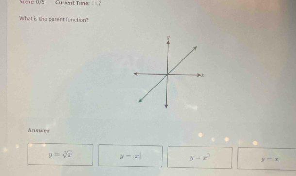 Score: 0/5 Current Time: 11.7
What is the parent function?
Answer
y=sqrt[3](x) y=|x| y=x^3
y=x