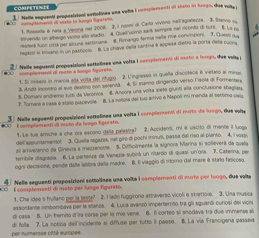 COMPETENZE
Nelle seguenti proposizioni sottolinea una volta i complementi di stato in luogo, due volte 
complementi di stato in luogo figurato.
t, Rossella è nata a Verona nel 2008. 2, 1 nonni di Carlo vivono nell'agiatezza. 3. Stanno co
struendo un albergo vicino allo stadio. 4. Quell'uomo sará sempre nel ricordo di tutti. 5, Lo zio 6
resterà fuori città per alcune settimane. 6. Rimango ferma nelle mie convinzioni. 7. Questi due     
ragazzi si trovano in un pasticcio. 8. La chíave della cantina è appesa dietro la porta della cucina.
2   Nelle seguenti proposizioni sottolinea una volta i complementí di moto a luogo, due volte i
complementi di moto a luogo figurato.
1. Si misero in marcia alla volta del rifugio. 2. L'ingresso in quella discoteca è vietato ai minori.
3. Andò incontro al suo destino con serenità. 4. Si stanno dirigendo verso l'isola di Formentera
5. Domani andremo tutti da Veronica. 6. Ancora una volta siete giunti alla conclusione sbagliata.
7. Tornare a casa è stato piacevole. 8. La notizia del tuo arrivo a Napoli mi manda al settimo cielo
3/ Nelle seguenti proposizioni sottolinea una volta i complementi di moto da luogo, due volte
●∞ i complementi di moto da luogo figurato.
1. Le tue amiche a che ora escono dalla palestra?  2. Accidenti, mi è uscito di mente il luogo
dell'appuntamento! 3. Quella ragazza, nel giro di pochi minuti, passa dal riso al pianto. 4. I vostri
zii arriveranno da Ginevra a mezzanotte. 5. Difficilmente la signora Marina si solleverà da quella
terribile disgrazía. 6. La partenza da Venezia subirà un ritardo di quasi un'ora. 7. Caterina, per
ogni decisione, pende dalle labbra della madre. 8. Il viaggio di ritorno dal mare è stato faticoso.
4 Nelle seguenti proposizioni sottolinea una volta i complementi di moto per luogo, due volte
i complementi di moto per luogo figurato.
1. Che idee ti frullano per la testa? 2. I ladri fuggírono attraverso vicoli e strettoie. 3. Una musica
assordante rimbombava per la stanza. 4. Luca avanzó imperterrito tra gli sguardi curiosi dei vicini
di casa. 5. Un fremito d'ira corse per le mie vene. 6. Il corteo si snodava tra due immense ali
di folla. 7. La notizia dell'incidente si diffuse per tutto il paese. 8.La via Francigena passava
per numerose città europee.