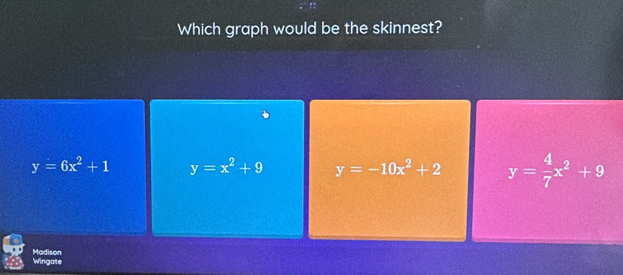 Which graph would be the skinnest?
y=6x^2+1
y=x^2+9 y=-10x^2+2 y= 4/7 x^2+9
Madison
Wingate