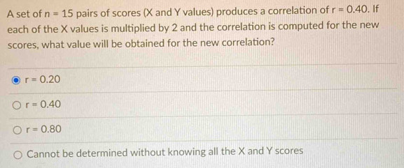 A set of n=15 pairs of scores (X and Y values) produces a correlation of r=0.40. If
each of the X values is multiplied by 2 and the correlation is computed for the new
scores, what value will be obtained for the new correlation?
r=0.20
r=0.40
r=0.80
Cannot be determined without knowing all the X and Y scores