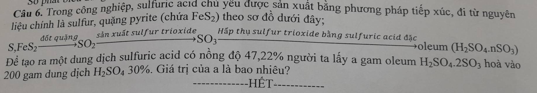 So phat 
Câu 6. Trong công nghiệp, sulfuric acıd chủ yều được sản xuất bằng phương pháp tiếp xúc, đi từ nguyên 
liệu chính là sulfur, quặng pyrite (chứa FeS_2) theo sơ đồ dưới đây; 
S,FeS_2xrightarrow ddelta tquingSO_2frac Sinx latsulfurtrloxide SO_3_ Hapthusulf fur trioxide bằng sulfuric acid đặc^c 
oleum (H_2SO_4.nSO_3)
Để tạo ra một dung dịch sulfuric acid có nồng độ 47, 22% người ta lấy a gam oleum H_2SO_4.2SO_3 hoà vào
200 gam dung dịch H_2SO_430%. Giá trị của a là bao nhiêu? 
_Hết_