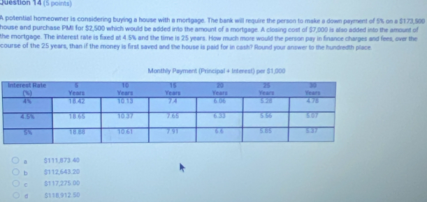 A potential homeowner is considering buying a house with a mortgage. The bank will require the person to make a down payment of 5% on a $173,500
house and purchase PMI for $2,500 which would be added into the amount of a mortgage. A closing cost of $7,000 is also added into the amount of
the mortgage. The interest rate is fixed at 4.5% and the time is 25 years. How much more would the person pay in finance charges and fees, over the
course of the 25 years, than if the money is first saved and the house is paid for in cash? Round your answer to the hundredth place.
Monthly Payment (Principal + Interest) per $1,000
a $111,873.40
b $112,643.20
C $117,275:00
d $118,912.50