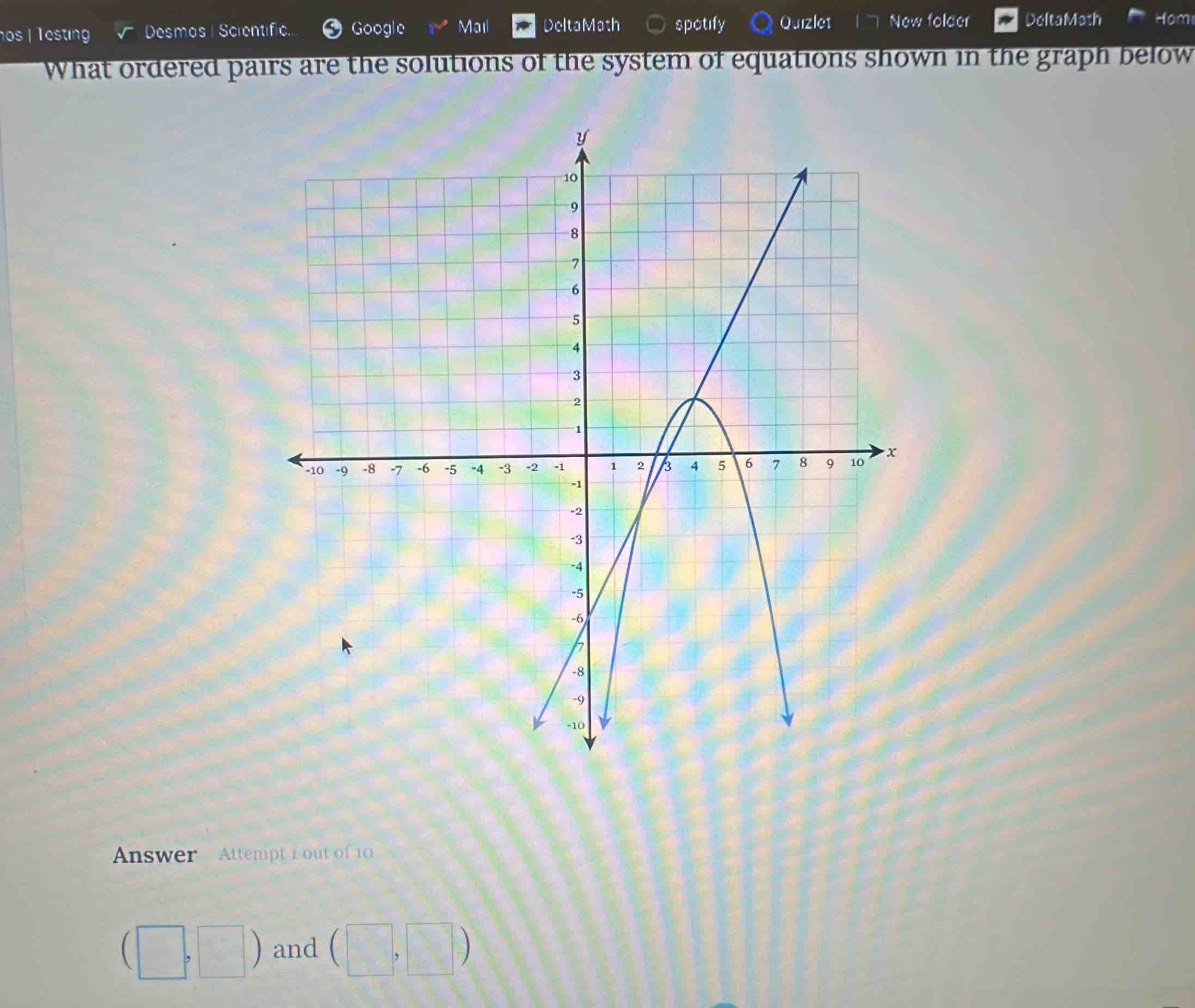 hos | Testing Desmos | Scientific. Google Mail DeltaMath spotify Quizlet New folder DeltaMath Hom 
What ordered pairs are the solutions of the system of equations shown in the graph below 
Answer Attempt 1 out of 10
(□ ,□ ) and (□ ,□ )