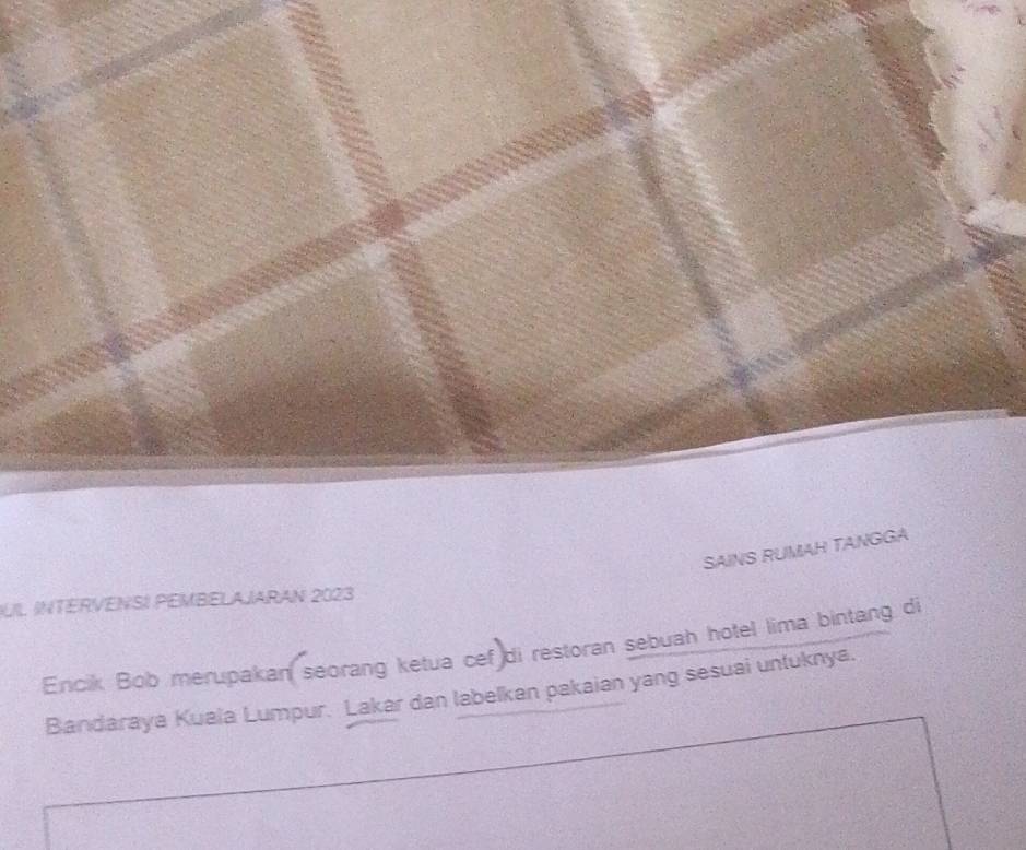 SAINS RUMAH TANGGA 
JUL INTERVENSI PEMBELAJARAN 2023
Encik Bob merupakan seorang ketua cef di restoran sebuah hotel lima bintang di 
Bandaraya Kuaia Lumpur. Lakar dan labelkan pakaian yang sesuai untuknya.