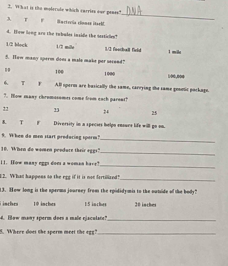What is the molecule which carries our genes?
_
3. T F Bacteria clones itself.
4. How long are the tubules inside the testicles?
1/2 block 1/2 mile 1/2 football field 1 mile
5. How many sperm does a male make per second?
10
100 1000
100,000
6. T F All sperm are basically the same, carrying the same genetic package.
7. How many chromosomes come from each parent?
22
23
24
25
8. T F Diversity in a species helps ensure life will go on.
_
9. When do men start producing sperm?
10. When do women produce their eggs?
_
11. How many eggs does a woman have?
_
12. What happens to the egg if it is not fertilized?_
3. How long is the sperms journey from the epididymis to the outside of the body?
inches 10 inches 15 inches 20 inches
4. How many sperm does a male ejaculate?_
5. Where does the sperm meet the egg?_