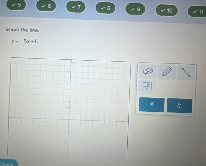 5 6 7 8 9 10 11 
Graph the line.
y=-5x+6
× 
Check