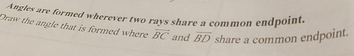 Angles are formed wherever two rays share a common endpoint. 
Draw the angle that is formed where vector BC and vector BD share a common endpoint.