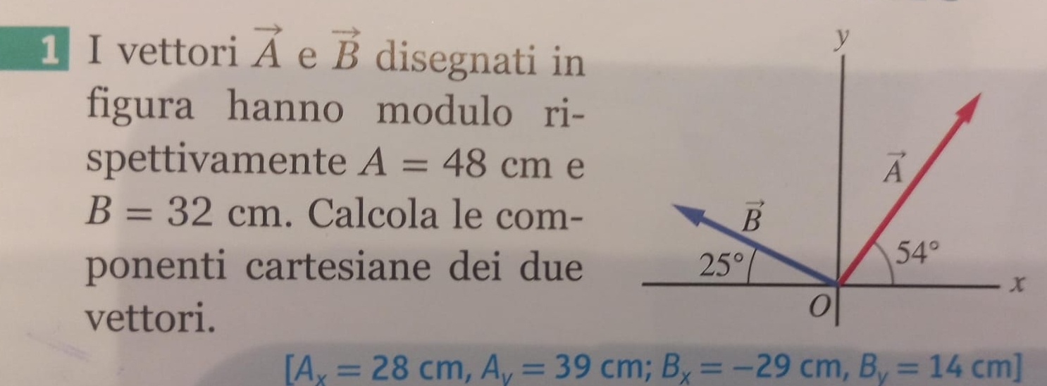 vettori vector A e vector B disegnati in
figura hanno modulo ri-
spettivamente A=48cm e
B=32cm. Calcola le com-
ponenti cartesiane dei due
vettori.
[A_x=28cm,A_y=39cm;B_x=-29cm,B_y=14cm]