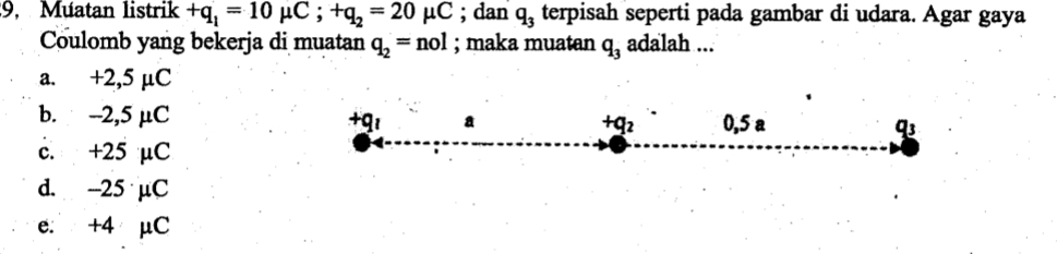 9, Muatan listrik +q_1=10mu C; +q_2=20mu C; dan q_3 terpisah seperti pada gambar di udara. Agar gaya
Coulomb yang bekerja di muatan q_2=nol; maka muatan q_3 adalah ...
a. +2,5 µC
b. --2,5 µC 0,5 a
+q_1 a
+q_2
q
c. +25 µC
d. -25 µC
e. +4 μC