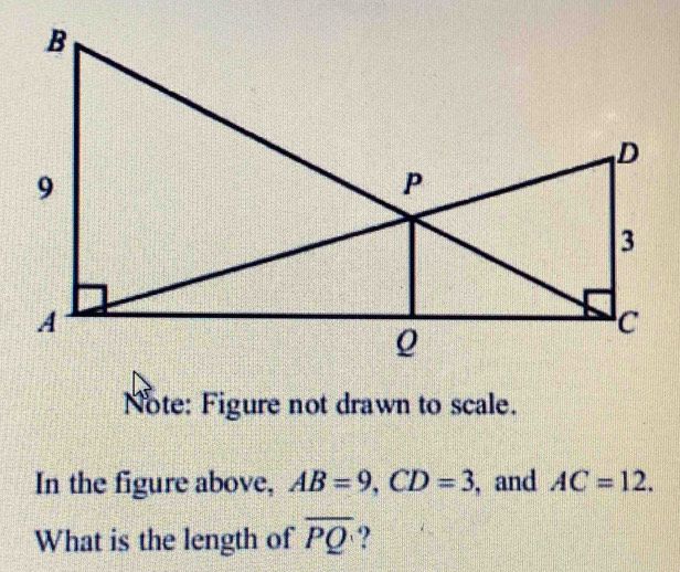 Note: Figure not drawn to scale. 
In the figure above, AB=9, CD=3 , and AC=12. 
What is the length of overline PQ )