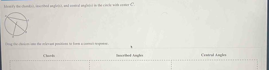 Identify the chord(s), inscribed angle(s), and central angle(s) in the circle with center C. 
Drag the choices into the relevant positions to form a correct response. 
Chords Inscribed Angles Central Angles