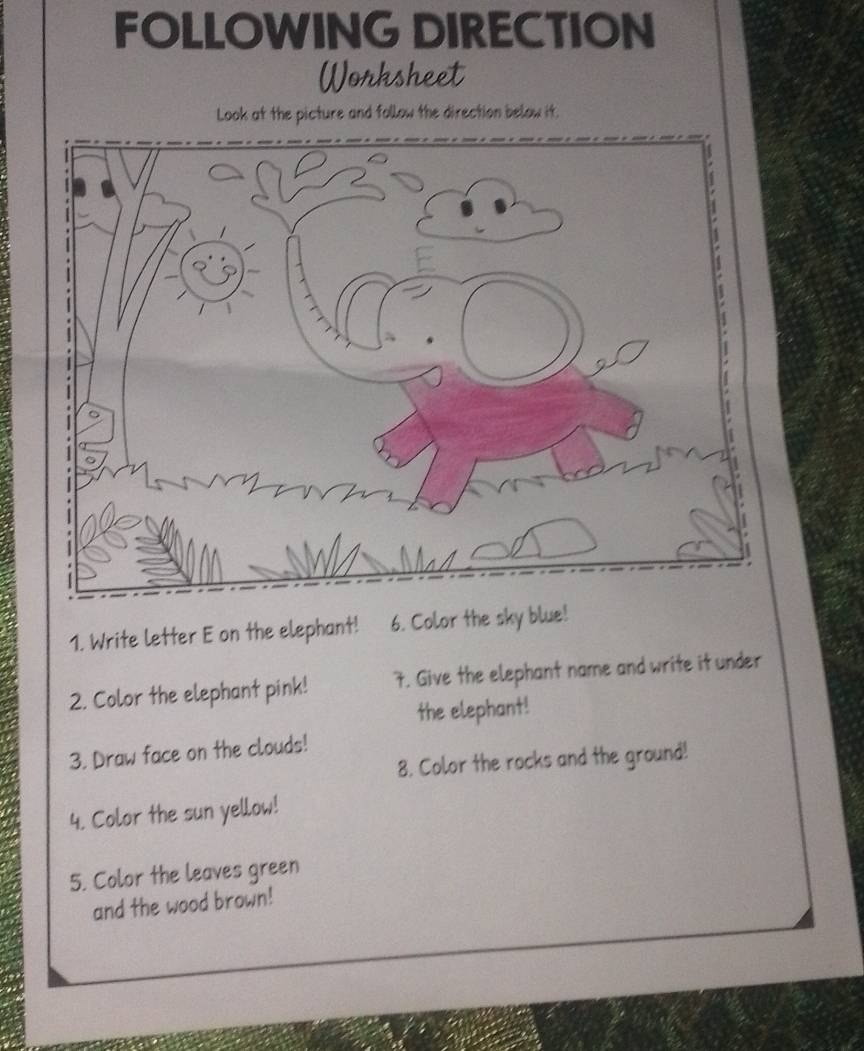 FOLLOWING DIRECTION 
Worksheet 
Look at the picture and follow the direction below it. 
1. Write letter E on the elephant! 6. Color the sky blue! 
2. Color the elephant pink! 7. Give the elephant name and write it under 
the elephant! 
3. Draw face on the clouds! 
8. Color the rocks and the ground! 
4. Color the sun yellow! 
5. Color the leaves green 
and the wood brown!