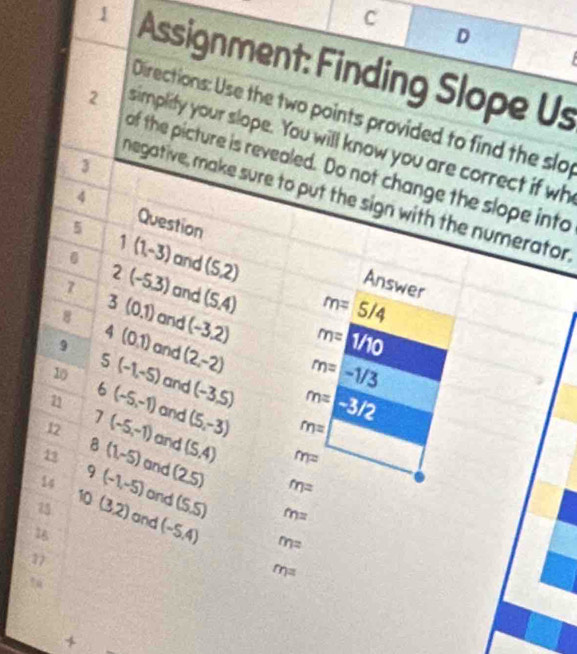 Assignment: Finding Slope Us
Directions: Use the two points provided to find the slo
2 simplity your slope. You will know you are correct if wh
3
of the picture is revealed. Do not change the slope into
4
megative, make sure to put the sign with the numerator
5
Question Answer
0 1(1-3) and (5,2)
7 2(-5.3) and (S.4) m=5/4
8 3(0.1) and (-3,2) m= 1/10
4^ 
9 (0,1) and (2,-2) m=-1/3
10 S(-1,-5) and (-3,5) m=-3/2
6(-5,-1) and (5,-3)
m=
12 7(-5,-1) and (S,4) m=
13 8(1,-5) and (2.5) m^2
9
54 (-1,-5) and (S.S) m=
10
25 (3.2) and (-5.4) m=
16
77
m=
+