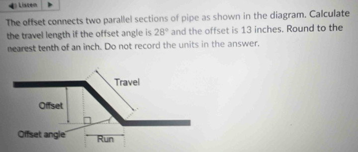 Solved: Listen The offset connects two parallel sections of pipe as ...