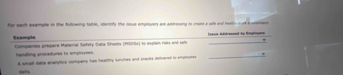 For each example in the following table, identify the issue employers are addressing to create a safe and healtiy work edvironment. 
_ 
Example Issue Addressed by Employers 
Companies prepare Material Safety Data Sheets (MSDSs) to explain risks and safe 
_ 
handling procedures to employees. 
A small data analytics company has healthy lunches and snacks delivered to employees 
daily.