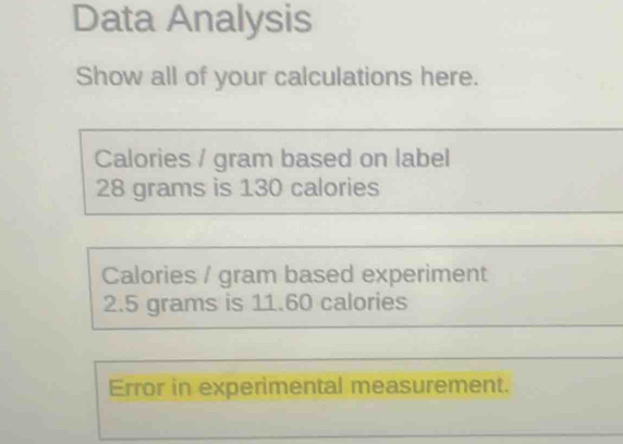 Data Analysis 
Show all of your calculations here.
Calories / gram based on label
28 grams is 130 calories
Calories / gram based experiment
2.5 grams is 11.60 calories
Error in experimental measurement.