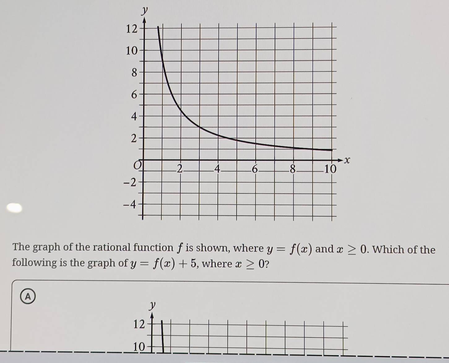 y
The graph of the rational function f is shown, where y=f(x) and x≥ 0. Which of the 
following is the graph of y=f(x)+5 , where x≥ 0 ? 
A
y
12
10