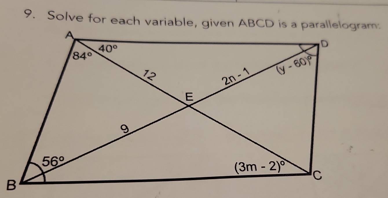 Solve for each variable, given ABCD is a parallelogram: