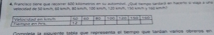 Francisco tiene que recorrer 600 kilómetros en su automóvil. ¿Qué tempo tardará en hacero si viaja a una 
vellocidad de 50 km/h, 60 km/h, 80 km/h, 100 km/h, 120 km/h, 150 km/th y 160 km/h2
Completa la siguiente tabla que representa el tiempo que tardan varos obreros en