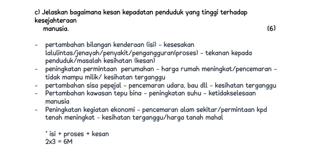 Jelaskan bagaimana kesan kepadatan penduduk yang tinggi terhadap
kesejahteraan
manusia. (6]
pertambahan bilangan kenderaan (isi) - kesesakan
lalulintas/jenayah/penyakit/pengangguran(proses) - tekanan kepada
penduduk/masalah kesihatan (kesan)
peningkatan permintaan perumahan - harga rumah meningkat/pencemaran -
tidak mampu milik/ kesihatan terganggu
pertambahan sisa pepejal - pencemaran udara, bau dll - kesihatan terganggu
Pertambahan kawasan tepu bina - peningkatan suhu - ketidakselesaan
manusia
Peningkatan kegiatan ekonomi - pencemaran alam sekitar/permintaan kpd
tenah meningkat - kesihatan terganggu/harga tanah mahal
* isi + proses + kesan
2* 3=6M