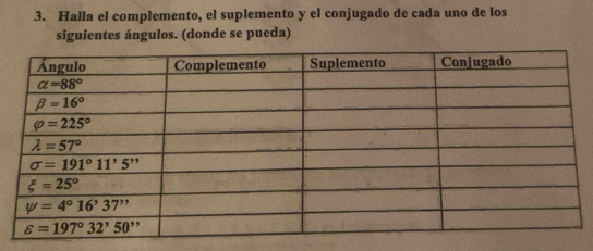 Halla el complemento, el suplemento y el conjugado de cada uno de los
siguientes ángulos. (donde se pueda)