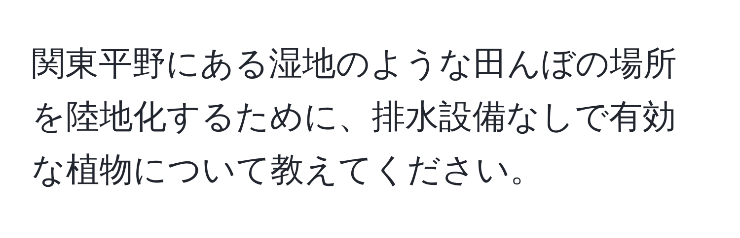 関東平野にある湿地のような田んぼの場所を陸地化するために、排水設備なしで有効な植物について教えてください。