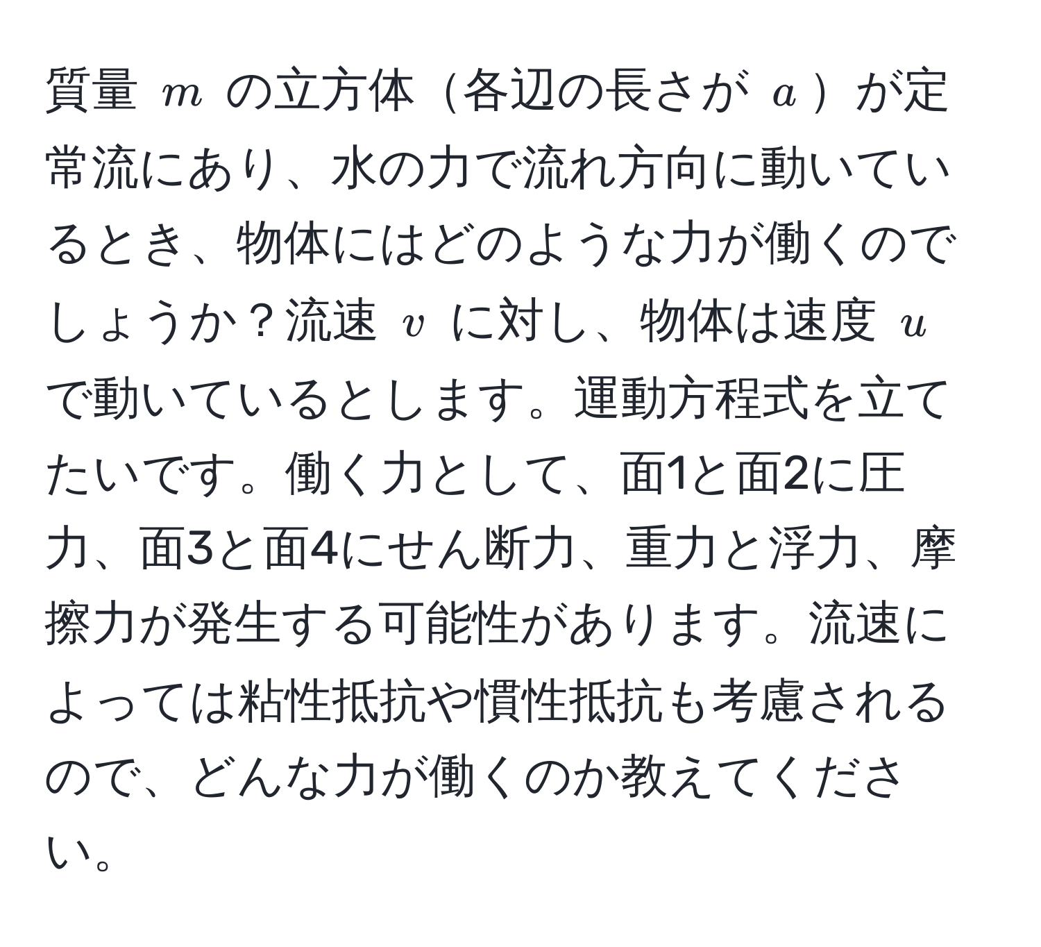 質量 $m$ の立方体各辺の長さが $a$が定常流にあり、水の力で流れ方向に動いているとき、物体にはどのような力が働くのでしょうか？流速 $v$ に対し、物体は速度 $u$ で動いているとします。運動方程式を立てたいです。働く力として、面1と面2に圧力、面3と面4にせん断力、重力と浮力、摩擦力が発生する可能性があります。流速によっては粘性抵抗や慣性抵抗も考慮されるので、どんな力が働くのか教えてください。