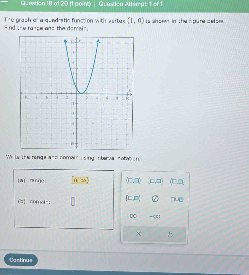 Question Attempt: 1 of 1 
The graph of a quadratic function with vertex (1,0) is shown in the figure below. 
Find the range and the domain. 
Write the range and domain using interval notation. 
(a) range: [0,∈fty ) (□ ,□ ) [□ ,□ ] (□ ,□ ]
(b) domain:
[□ ,□ )
□ U□
∞ ∈fty 
× 
Continue