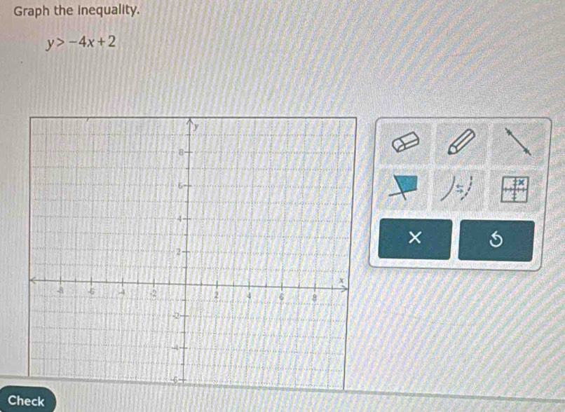 Graph the inequality.
y>-4x+2
× 
Check