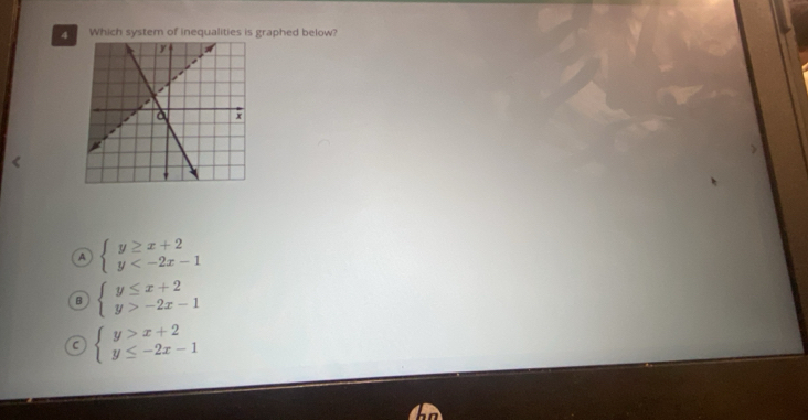 Which system of inequalities is graphed below?
A beginarrayl y≥ x+2 y
B beginarrayl y≤ x+2 y>-2x-1endarray.
a beginarrayl y>x+2 y≤ -2x-1endarray.