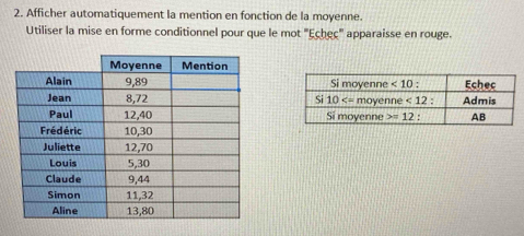 Afficher automatiquement la mention en fonction de la moyenne.
Utiliser la mise en forme conditionnel pour que le mot "Echec" apparaisse en rouge.