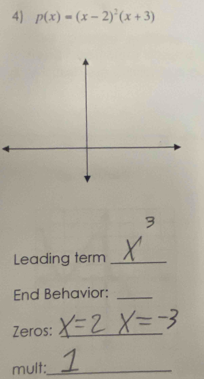 4 p(x)=(x-2)^2(x+3)
Leading term_ 
End Behavior:_ 
Zeros:_ 
mult:_