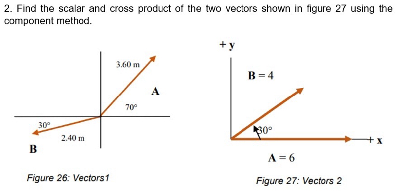 Find the scalar and cross product of the two vectors shown in figure 27 using the
component method.
Figure 26: Vectors1 Figure 27: Vectors 2