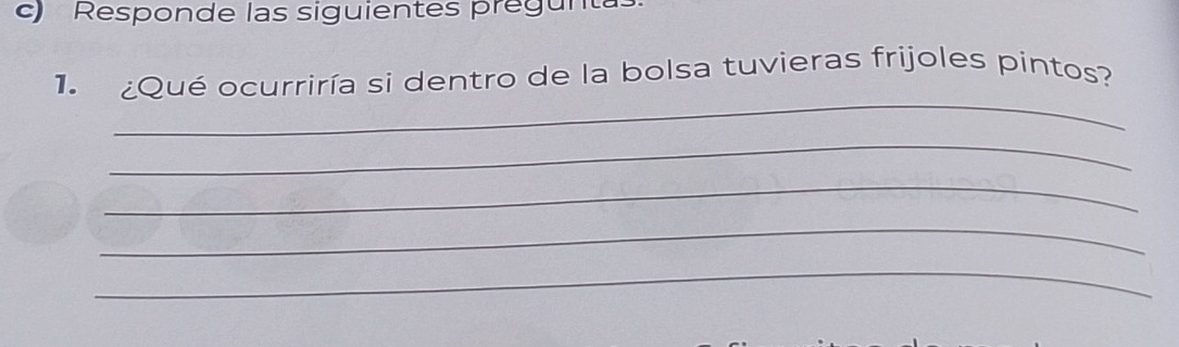 Responde las siguientes pregunta 
_ 
1 ¿Qué ocurriría si dentro de la bolsa tuvieras frijoles pintos? 
_ 
_ 
_ 
_