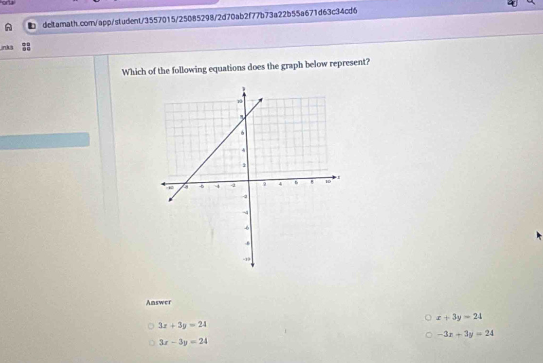 Portal
deltamath.com/app/student/3557015/25085298/2d70ab2f77b73a22b55a671d63c34cd6
inks
Which of the following equations does the graph below represent?
Answer
x+3y=24
3x+3y=24
-3x+3y=24
3x-3y=24