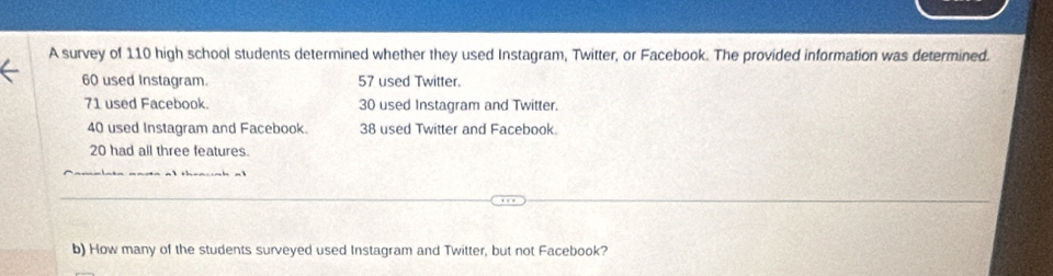 A survey of 110 high school students determined whether they used Instagram, Twitter, or Facebook. The provided information was determined.
60 used Instagram. 57 used Twitter.
71 used Facebook. 30 used Instagram and Twitter.
40 used Instagram and Facebook. 38 used Twitter and Facebook
20 had all three features 
b) How many of the students surveyed used Instagram and Twitter, but not Facebook?