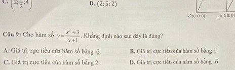 (2;frac 2;4)
D. (2;5;2)
O(0,0,0) A(4;0;0)
Câu 9: Cho hàm số y= (x^2+3)/x+1 . Khẳng định nào sau đây là đủng?
A. Giá trị cực tiều của hàm số bằng -3 B. Giá trị cực tiều của hàm số bằng 1
C. Giá trị cực tiểu của hàm số bằng 2 D. Giá trị cực tiểu của hàm số bằng -6